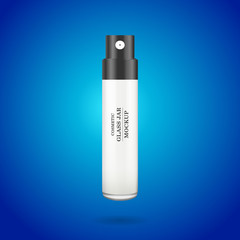 Realistic white glass jar for cosmetics - spray, body cream, butter, scrub, foundation cream, gel, skin care, on blue background. Premium product. Package template. Vector mock up set.