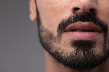 Close up on the mouth and chin of a bearded man