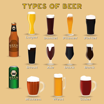 Beer types. Glasses and mugs with names. Lager, bock, wheat, stout,  pilsner, ale, cider, porter, marzen, dunkel. Vector illustration in flat  style. Stock Vector | Adobe Stock