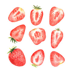 A set of four strawberry berries, in a watercolor style. - 212938449