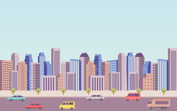 flat icon design of downtown city landscape and car on road under blue sky background