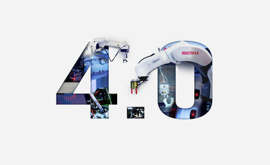 Industry 4.0 double exposure concept. 3D printing, Automation, Robotic arm and Autonomous...