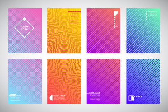 Set, collection of flat colorful gradient backgrounds with geometric pattern. Concentric circles, dynamic diagonal stripes, wavy streaks or waves, grating, mesh texture. Cover, folder, flyer design.