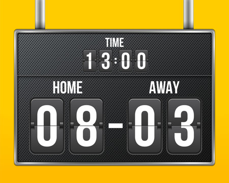 Creative vector illustration of soccer, football mechanical scoreboard isolated on transparent background. Art design retro vintage countdown with time, result display. Concept graphic sport element