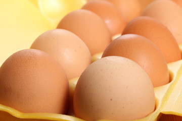 Chicken eggs in a yellow plastic container