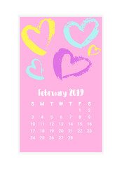 Hand drawn Calendar 2019, February month concept design. Vector illustration