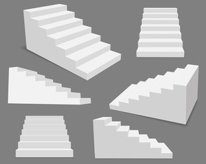 Creative vector illustration of 3d interior staircases, white stage set isolated on transparent background. Art design stairs steps collection. Abstract concept graphic business infographic element