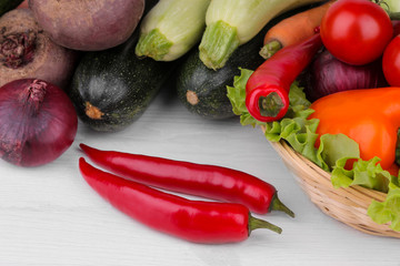 Many different vegetables include beets, cabbage, zucchini, carrots, tomatoes, peppers, onions, garlic, and cucumbers and lettuce on a white and wooden background.