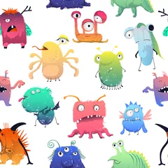 Tapeten Nahtloses Muster mit niedlichen Monstern. Zeichentrickfiguren im Farbstift-Stil. Isolierte Objekte auf weißem Hintergrund. Vektor-Illustration © kateja