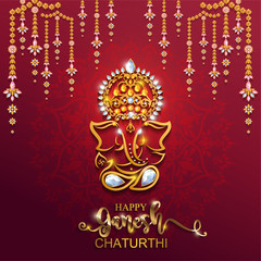 Festival of Ganesh Chaturthi with golden shiny Lord Ganesha patterned and crystals on paper color Background.