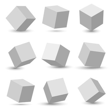 Creative vector illustration of perspective projections 3d cube model icons set with a shadow isolated on transparent background. Art design geometric surfac rotate. Abstract concept graphic element