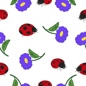 Set of seamless ladybug and daisy flower blue.