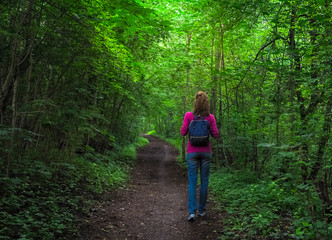 Obraz premium tourist with backpack on dark forest road under arch of trees covering the sky