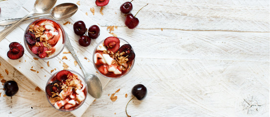 Cherry and yogurt chia pudding parfait - obrazy, fototapety, plakaty