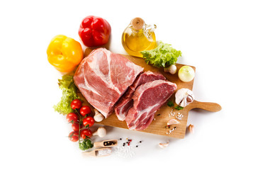 Fresh raw pork on cutting board on white background