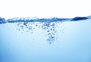 water with splash and air bubbles on white background