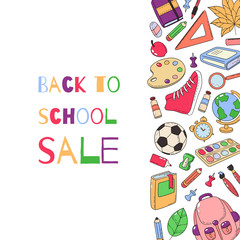 Back to school template. Set of school accessories. Template for advertising, printing, banner. Sale, special offers