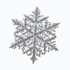 Snowflake on white background. This vector illustration based on macro photo of real snow crystal: complex stellar dendrite with fine hexagonal symmetry, ornate shape and six thin, elegant arms.