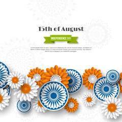 Indian Independence day holiday design. 3d wheels with flowers in traditional tricolor of indian flag. Paper cut style. White background. Vector illustration.