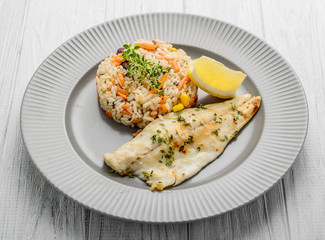 Catfish Fillet with Plum Sauce, Jasimine rice and vegetables.