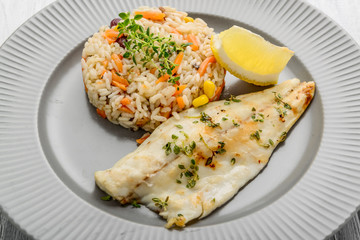 Catfish Fillet with Plum Sauce, Jasimine rice and vegetables.