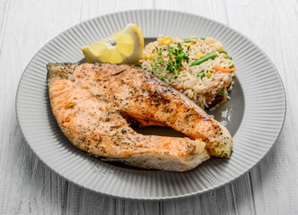 Grilled Salmon with Vegetables and Rice