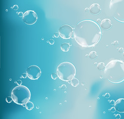Bubbles in water on blue background horizontal vector. Circle and liquid, light design, clear soapy shiny.