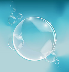 Bubbles in water on blue background horizontal vector. Circle and liquid, light design, clear soapy shiny.