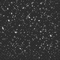 Stock vector illustration falling snow overlay. Snowflakes, snowfall. Transparent background. Fall of snow, blizzard, snowstorm snow. EPS10