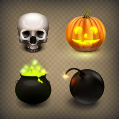 Stock vector illustration realistic skull, jack-o-lantern, witches cauldron, bomb. Halloween set isolated on a transparent background. Halloween pumpkin, Jack o lantern. Brewed potion. EPS10