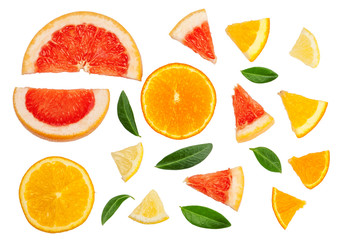 Sliced pieces of grapefruit, orange, lemon isolated on white, top view