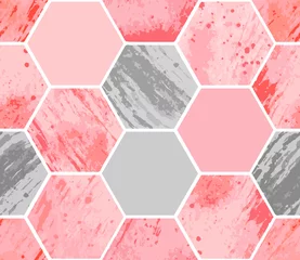 Behang Marmeren hexagons Abstracte geometrische naadloze patroon op witte achtergrond. Aquarel zeshoek met vlek, spray, splash en spot op papier texturen, minimale elementen. Vectorillustratie in roze en grijze kleur.