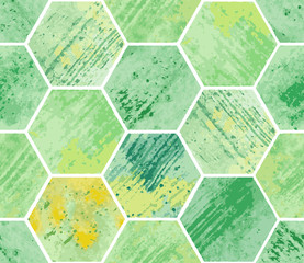 Abstraktes geometrisches nahtloses Muster mit Sechseck. Aquarell Sechseck mit Textur von Fleck, Spray, Spritzer und Fleck auf Papiertexturen, minimale Elemente. Vektorillustration in grüner und gelber Farbe.