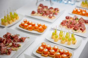 buffet at the reception. Assortment of canapes. Banquet service. catering food, snacks with salmon