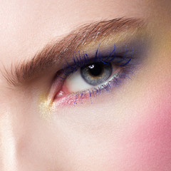 Obraz premium Beautiful blue eyes with bright creative cosmetics. Long eyebrows and dense eyelashes create the fashionable image. Evening cosmetics, cosmetics, cosmetology