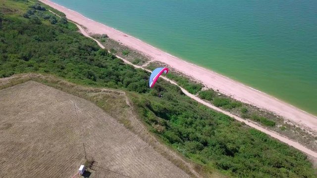 Aerial View. The paraglider flies over the coastline. The wing of the paraglider is blown by the wind. Row of sea and forest