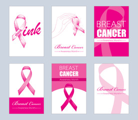 Vector set of card with pink ribbon symbol for Breast Cancer Awareness Month isolated on gray background. Design templates for international health campaign for woman in October.