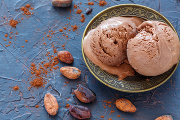 Artisanal chocolate ice cream on a bronze plate.
