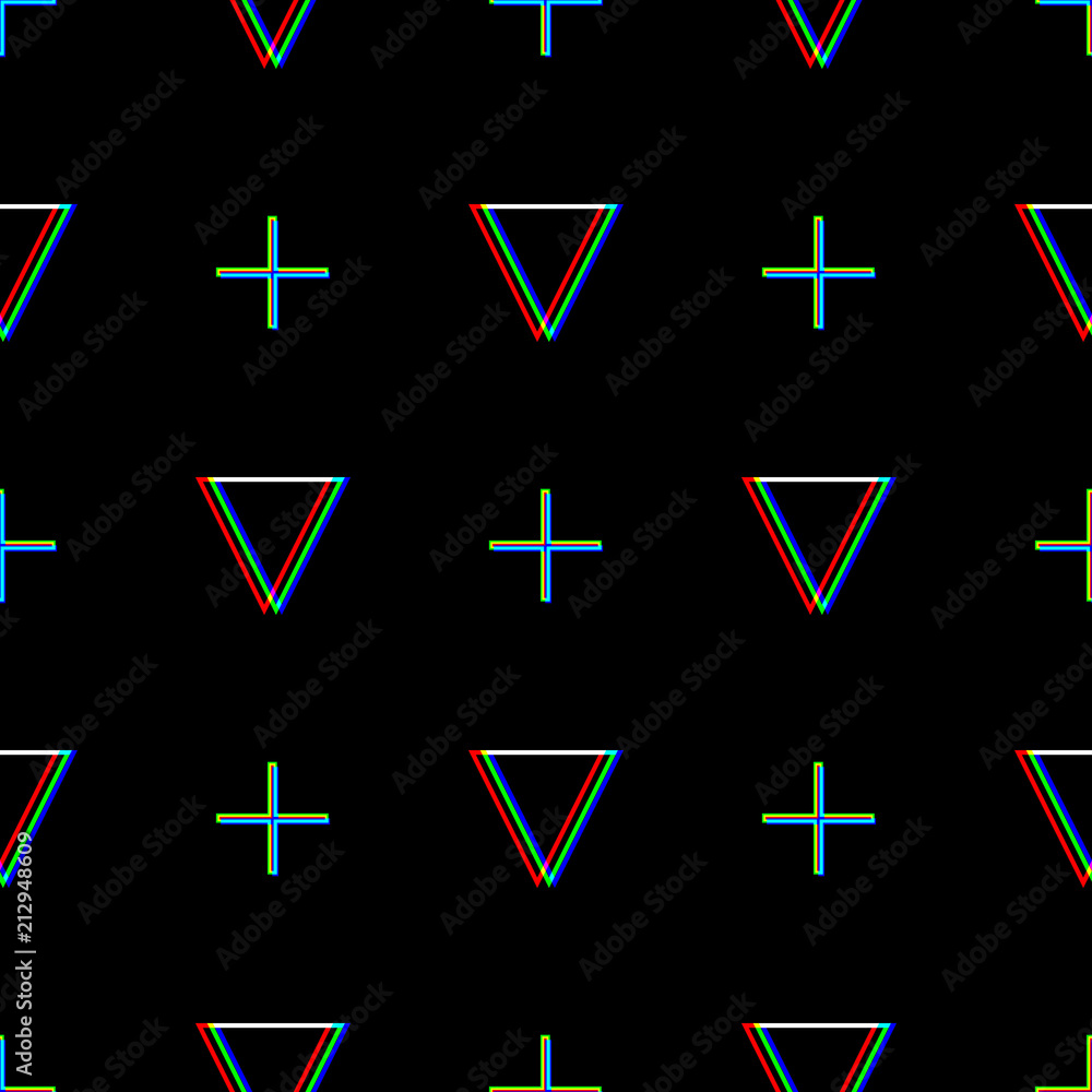 Poster vector seamless glitch pattern . color on black background. triangle and cross element. digital pixe