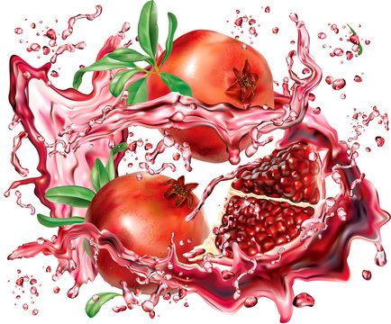 Pomegranate into of burst splashes of juices