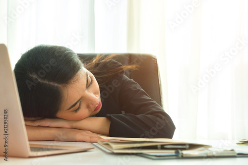 Tired Businesswoman Asia Falling Asleep At Desk After Overwork