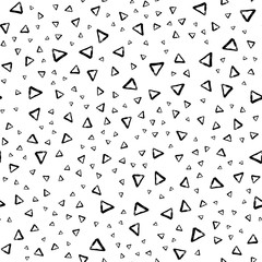 Vector seamless pattern with brush stripes and triangle. Black color on white background. Drawing grange texture. Ink geometric elements. Fashion modern style. Repeat fabric backdrop ornament print