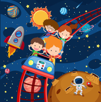 Kids riding roller coaster in space