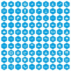 Fototapeta na wymiar 100 sea icons set in blue hexagon isolated vector illustration