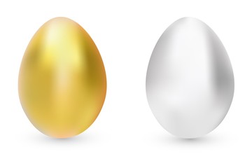 Vector illustration, gold and silver eggs isolated on white background with shadow. Easter eggs
