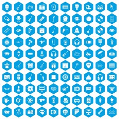 100 show business icons set in blue hexagon isolated vector illustration