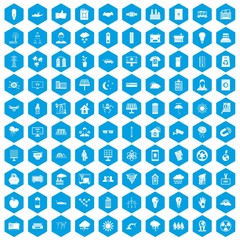 Fototapeta na wymiar 100 solar energy icons set in blue hexagon isolated vector illustration