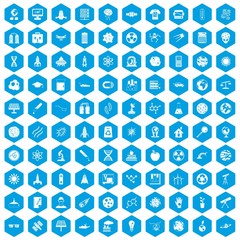 100 space technology icons set in blue hexagon isolated vector illustration