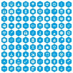 Fototapeta na wymiar 100 space technology icons set in blue hexagon isolated vector illustration