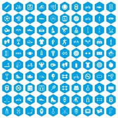 Fototapeta na wymiar 100 sport icons set in blue hexagon isolated vector illustration